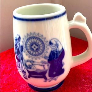 Vtg 5” Porsgrund Blue White Mug Nativity Scene The Holy Family Norway 1971